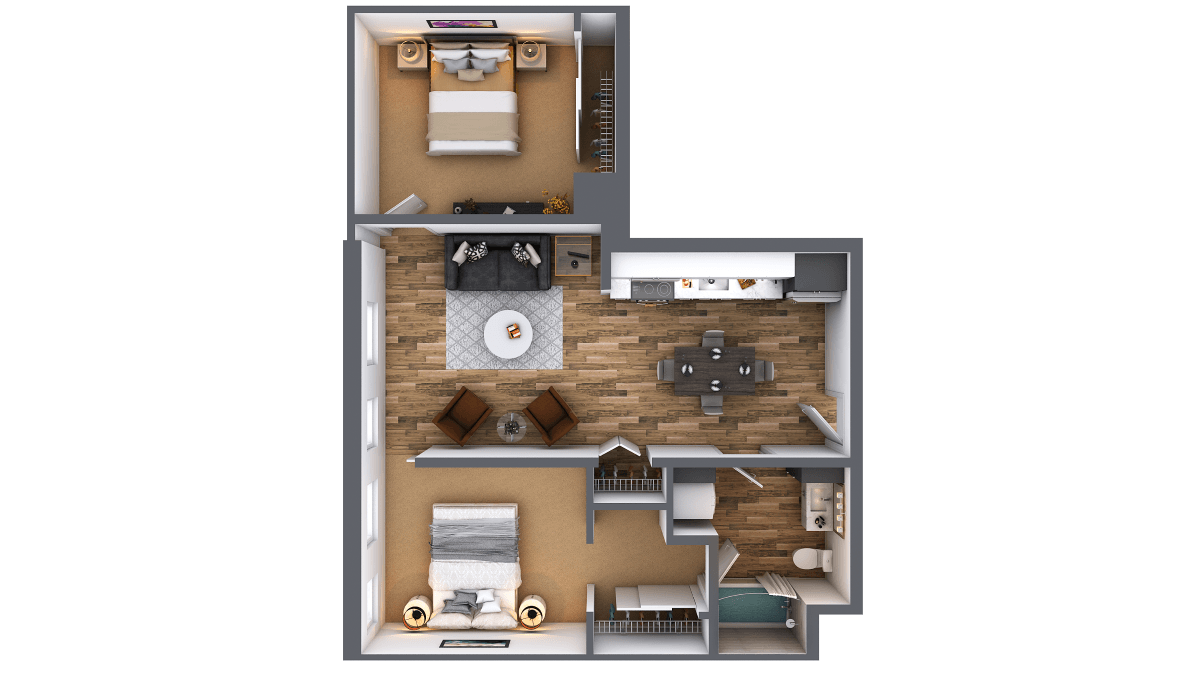 Floor plan for 2 beds, 1 bath, 883 sqft